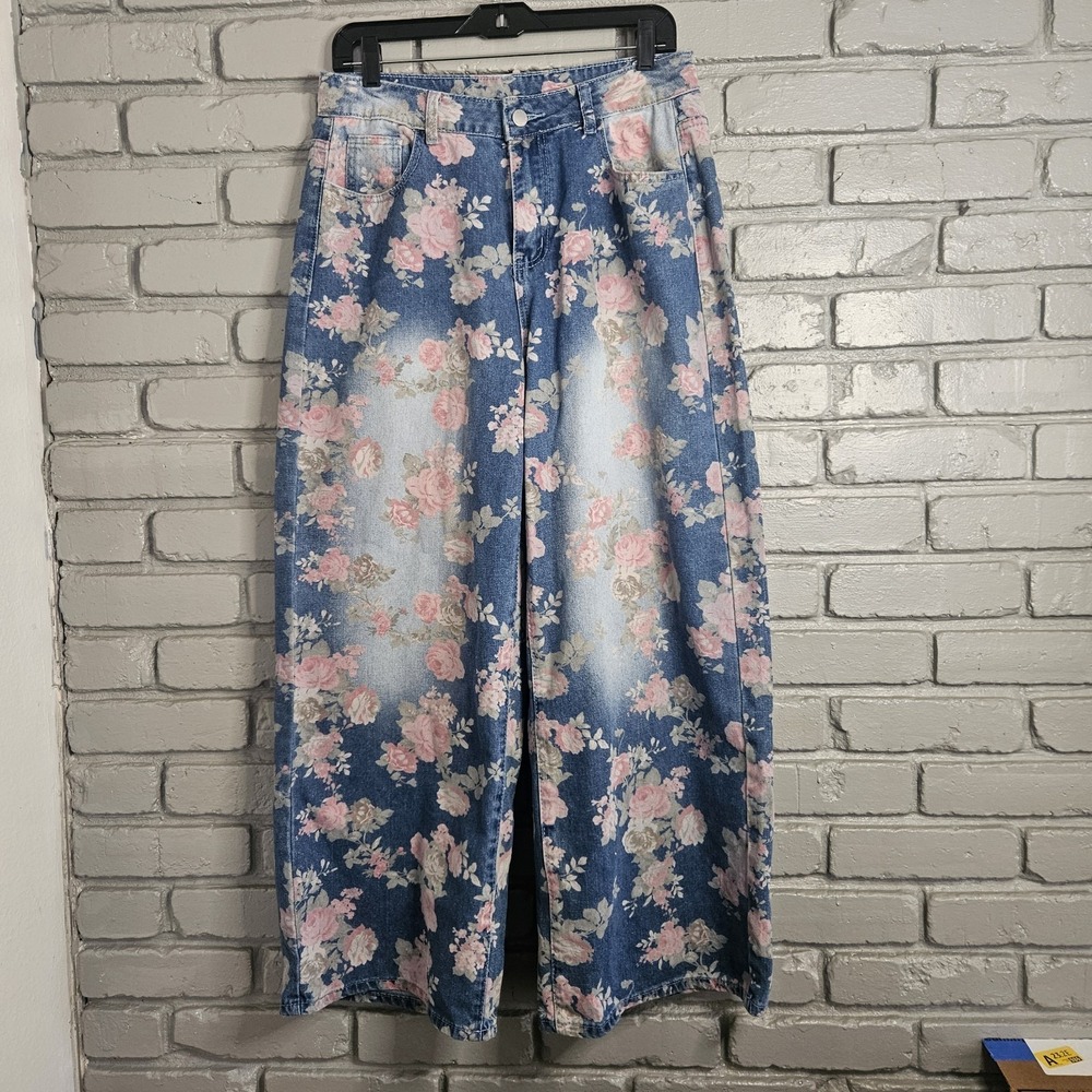 Womens Wide Leg Jeans 30 X 28 Floral Pink Faded